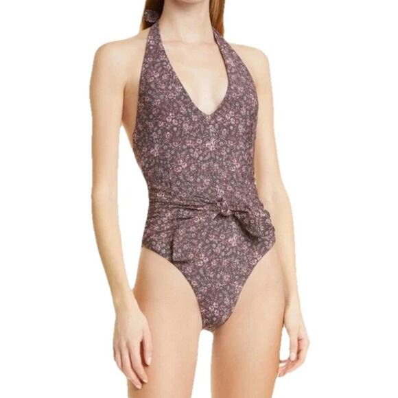 Women’s Veronica Beard Vickerie One-piece Floral Pink Black Halter Swimsuit Sz M - Picture 1 of 6